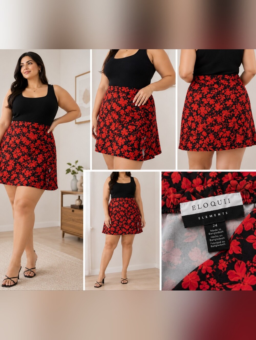 Eloquii Black & Red Floral Mini Skirt